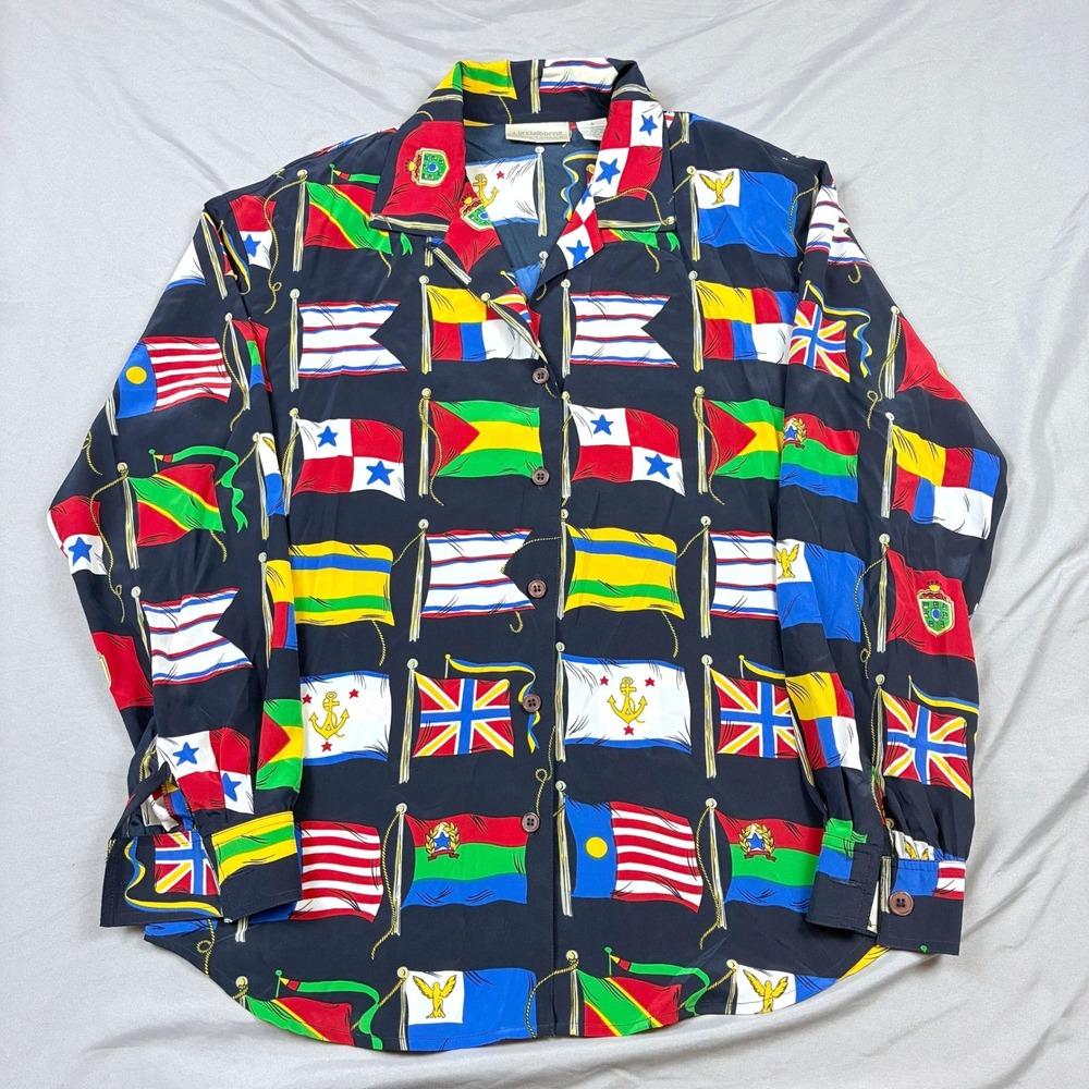 Liz Claiborne Button Up Camp Collar Shirt Womens 6 Navy Blue Nautical Flag AOP